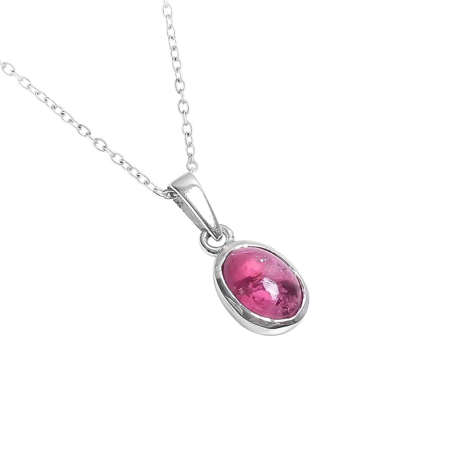 GEMKORA? Natural Pink Tourmaline Cabochon Gemstone Crystals Ethnic Tiny Dainty Bezel Pendant Necklace, Healing Gemstones, Birthstone, 925 Sterling Silver Jewelry 18 inch, Pendants for Women