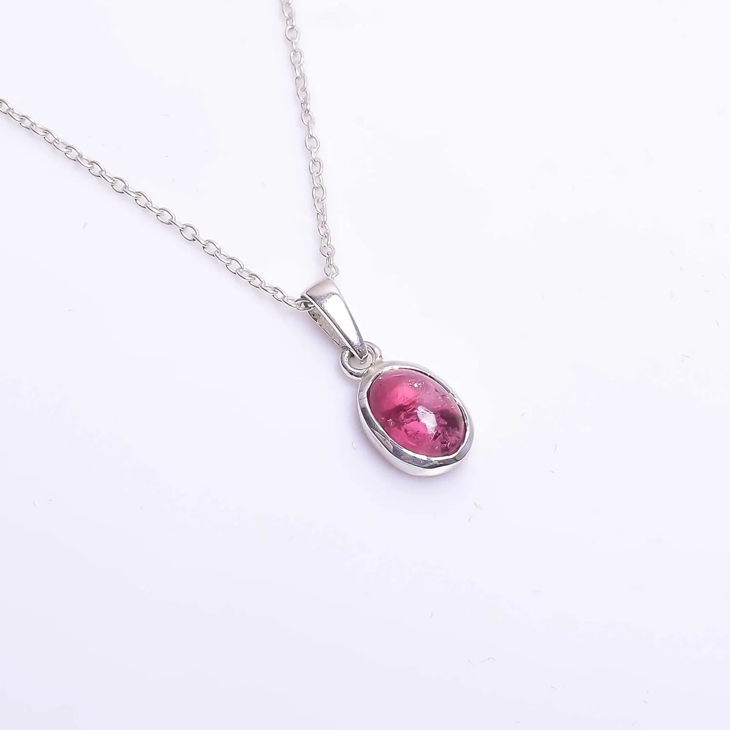 GEMKORA? Natural Pink Tourmaline Cabochon Gemstone Crystals Ethnic Tiny Dainty Bezel Pendant Necklace, Healing Gemstones, Birthstone, 925 Sterling Silver Jewelry 18 inch, Pendants for Women
