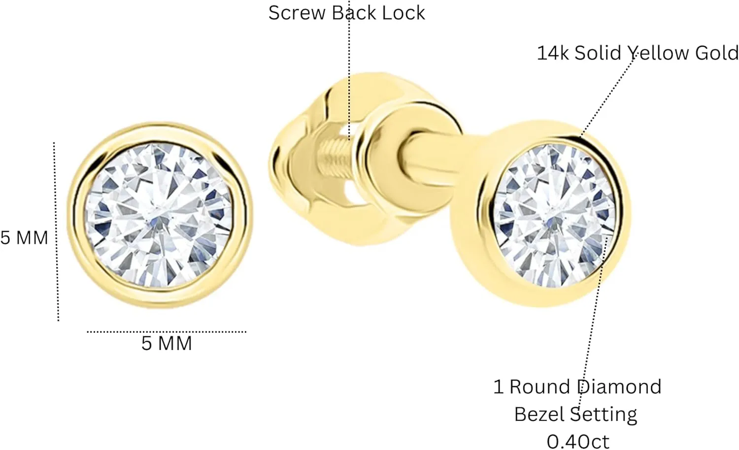 Genuine Round Diamond Bezel Stud, Solitaire 5 mm Stud Earrings, (0.80ct) Diamond Studs, 14k Solid Gold Earrings, Gift For Her.
