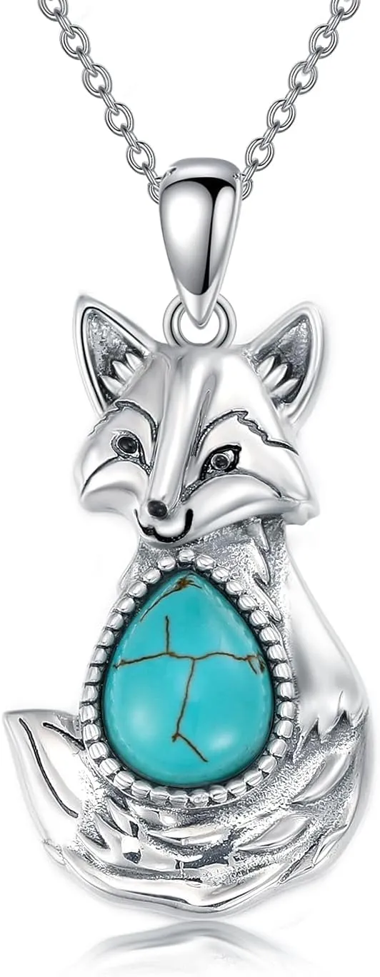 Genuine Turquoise Fox Necklace for Women 925 Sterling Silver Natural Gemstone Animal Pendants Jewelry for Her Wife Mom Sister Girlfriend
