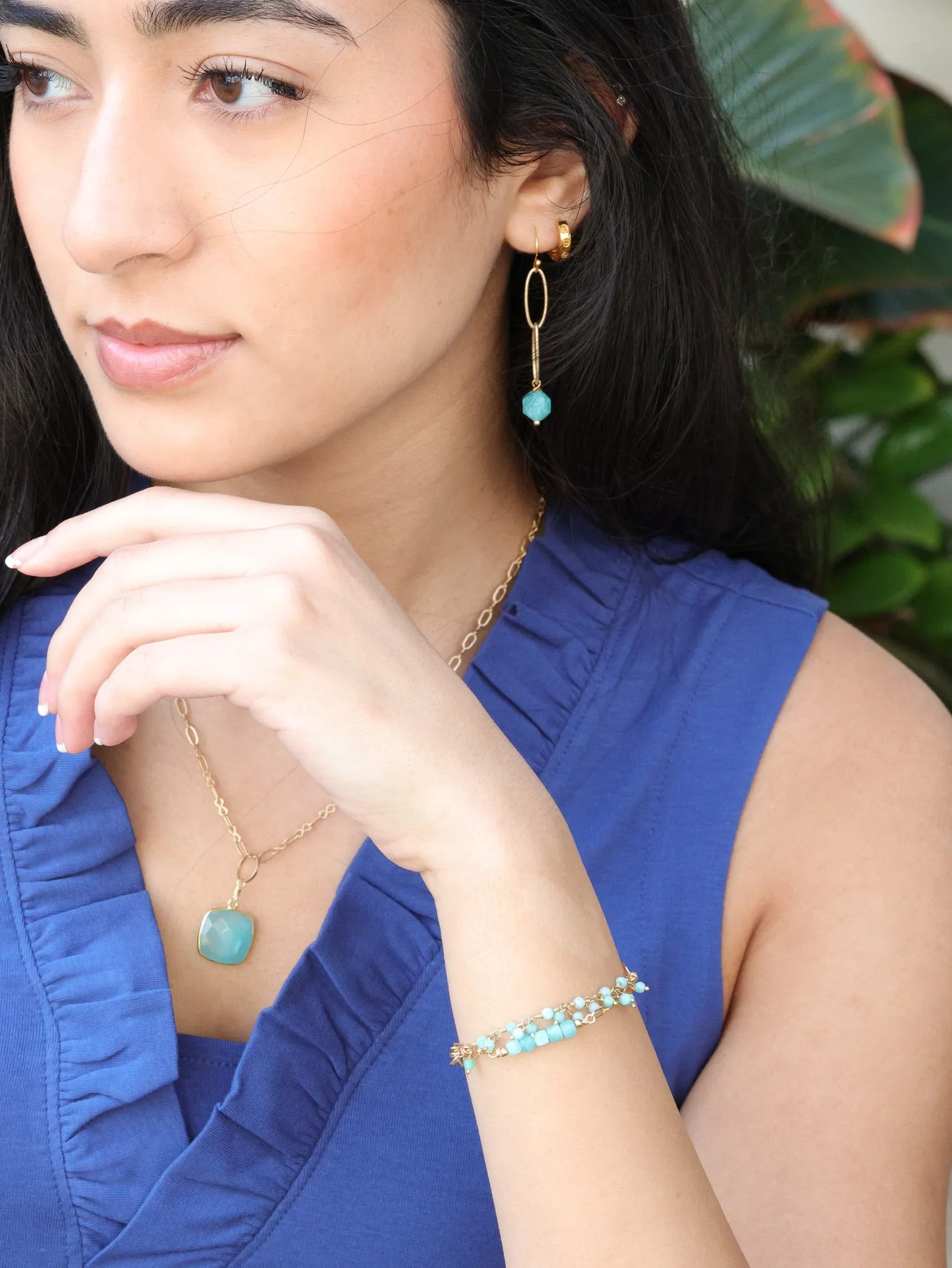 Gianna Amazonite Long Dangle Earrings -Matte Gold