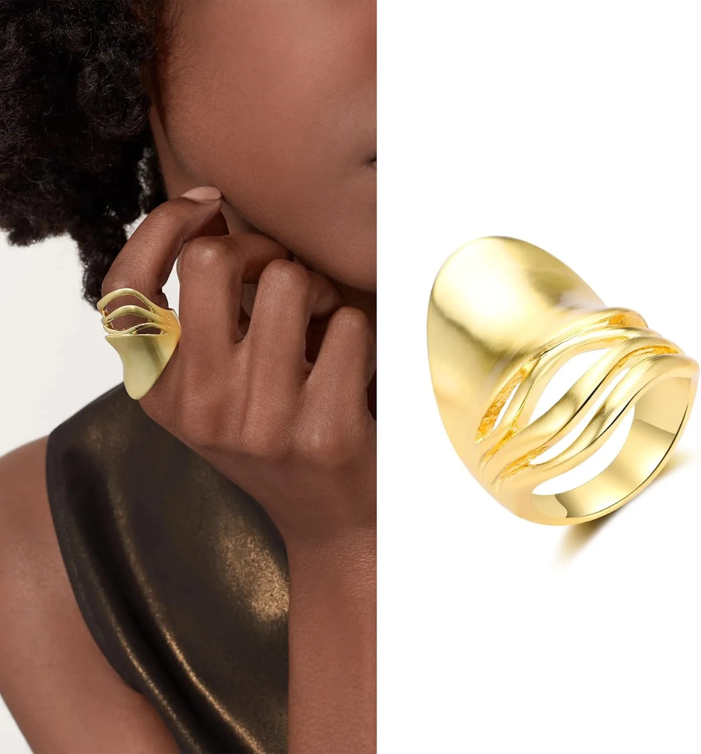 Gold and Silver Rings for Women, Fashion 18K Gold Plated Chunky Statement Ring Band Dome Mask Design Cocktail Costume Jewelry for Her
