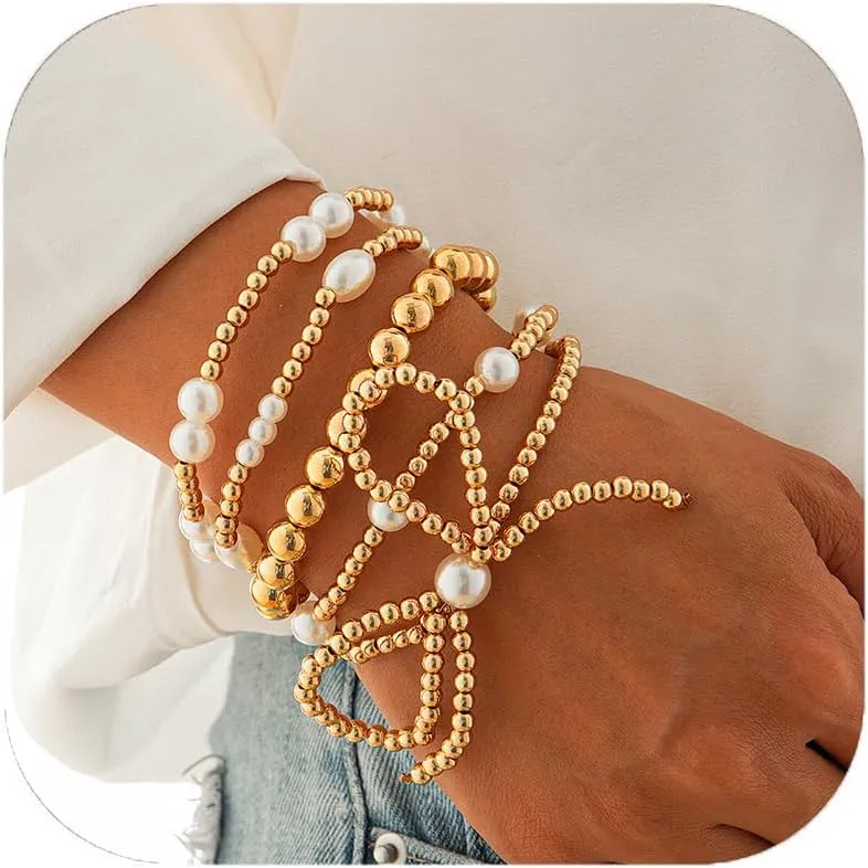 Gold Bow Bracelet for Women Gold Pearl Beaded Bracelets Stretch Bow Bead Ball Bracelets Stack Ball Bracelet Set Adjustable Gold Bracelet for Women