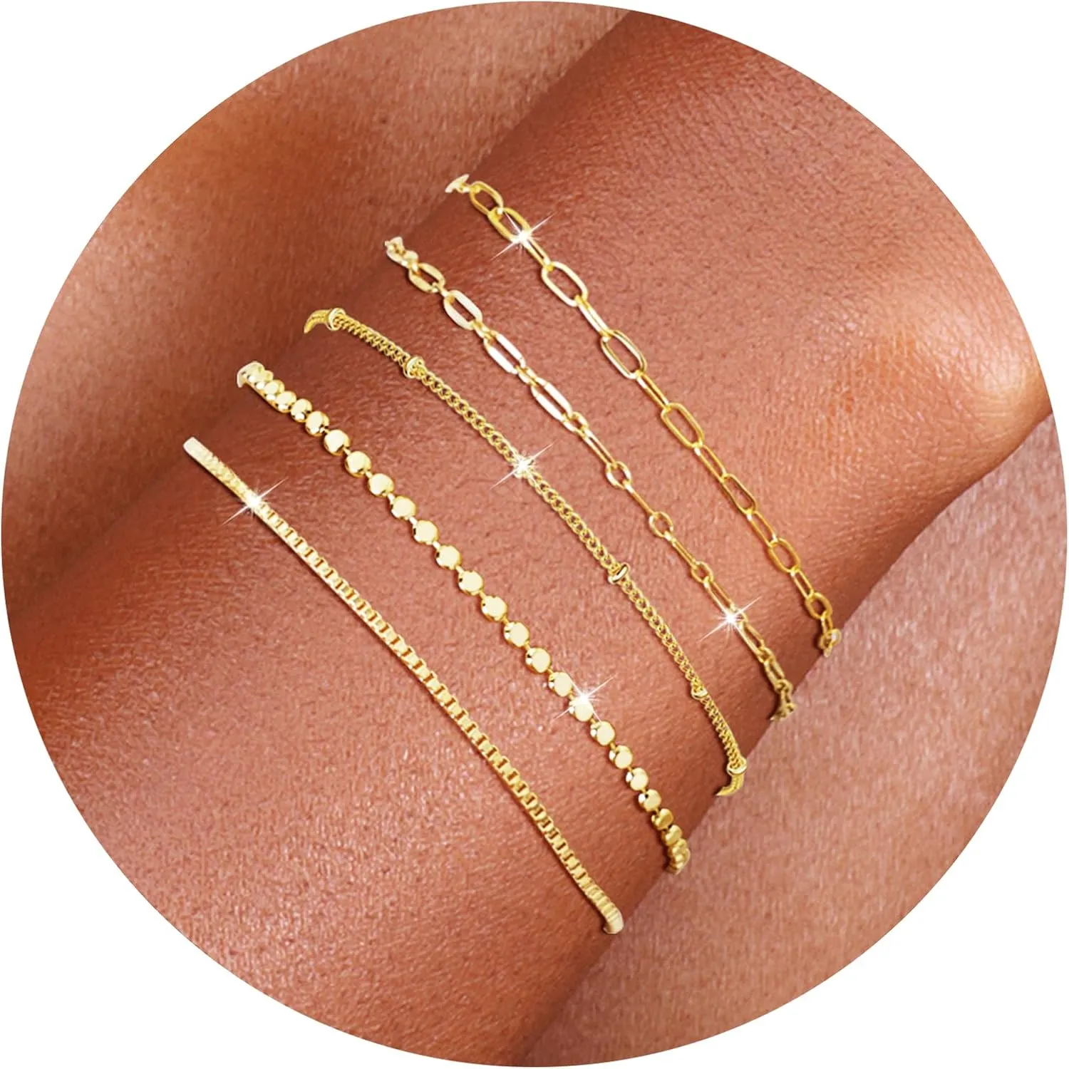 Gold Bracelets - 14K Dainty Cuban Link Chain Bracelet Pack, Fashion Accessories Gifts for Women, Mom