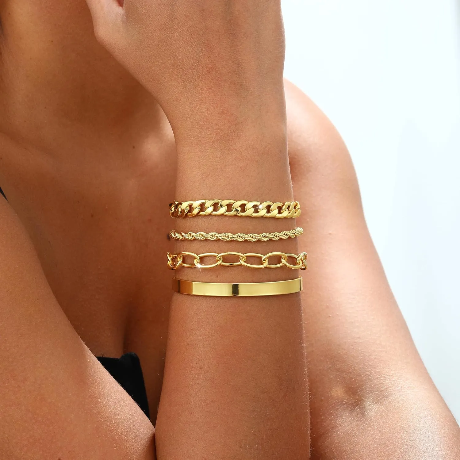 Gold Bracelets for women 14K Gold Bangle Bracelet Stack - Adjustable Waterproof Trendy Bracelets Gold Filled Stacks Bangles Link Chain Gold Bracelet Non Tarnish for Women Collection Jewelry Gifts