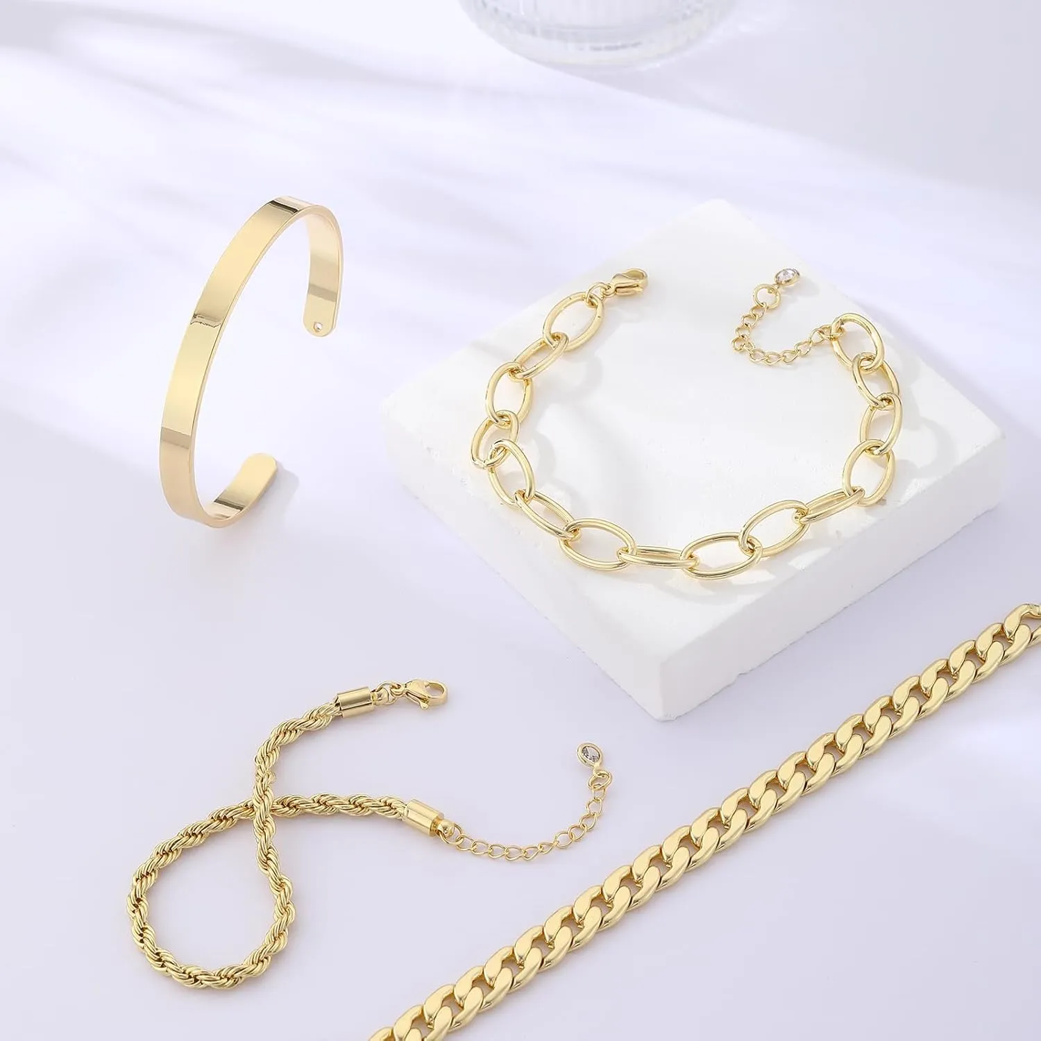 Gold Bracelets for women 14K Gold Bangle Bracelet Stack - Adjustable Waterproof Trendy Bracelets Gold Filled Stacks Bangles Link Chain Gold Bracelet Non Tarnish for Women Collection Jewelry Gifts