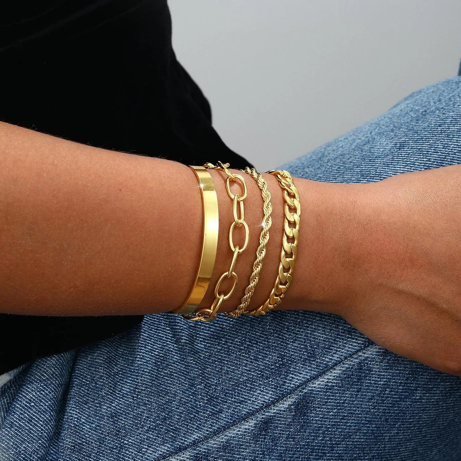 Gold Bracelets for women 14K Gold Bangle Bracelet Stack - Adjustable Waterproof Trendy Bracelets Gold Filled Stacks Bangles Link Chain Gold Bracelet Non Tarnish for Women Collection Jewelry Gifts