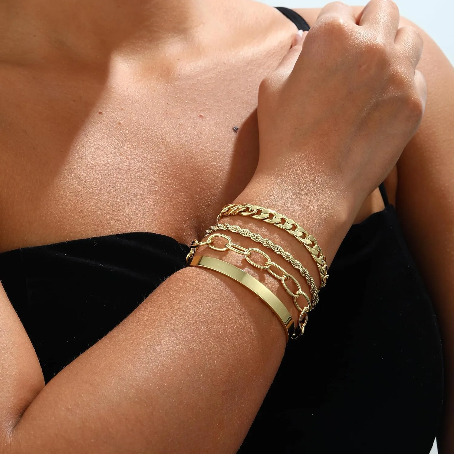 Gold Bracelets for women 14K Gold Bangle Bracelet Stack - Adjustable Waterproof Trendy Bracelets Gold Filled Stacks Bangles Link Chain Gold Bracelet Non Tarnish for Women Collection Jewelry Gifts
