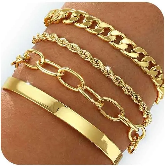 Gold Bracelets for women 14K Gold Bangle Bracelet Stack - Adjustable Waterproof Trendy Bracelets Gold Filled Stacks Bangles Link Chain Gold Bracelet Non Tarnish for Women Collection Jewelry Gifts