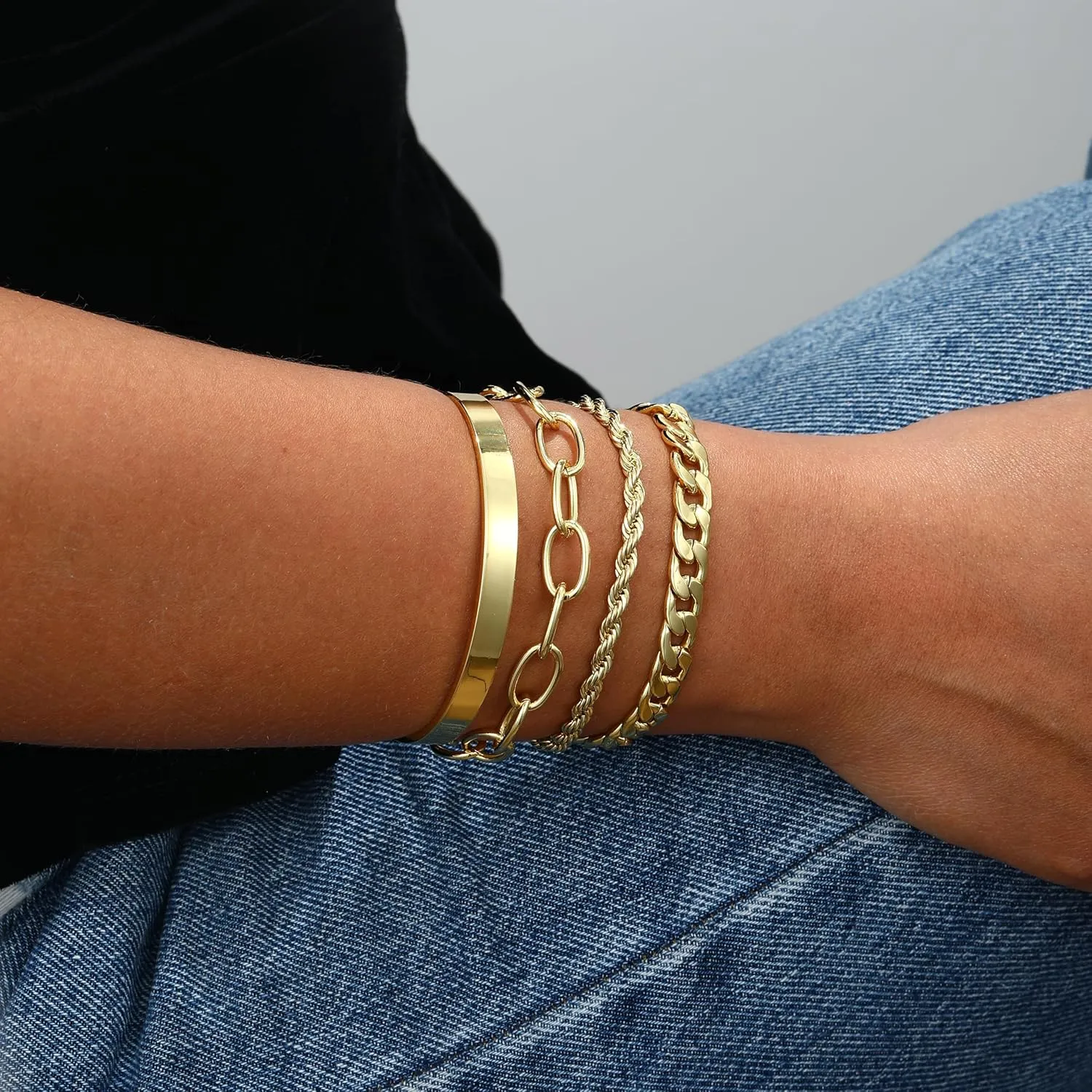 Gold Bracelets for women 14K Gold Bangle Bracelet Stack - Adjustable Waterproof Trendy Bracelets Gold Filled Stacks Bangles Link Chain Gold Bracelet Non Tarnish for Women Collection Jewelry Gifts
