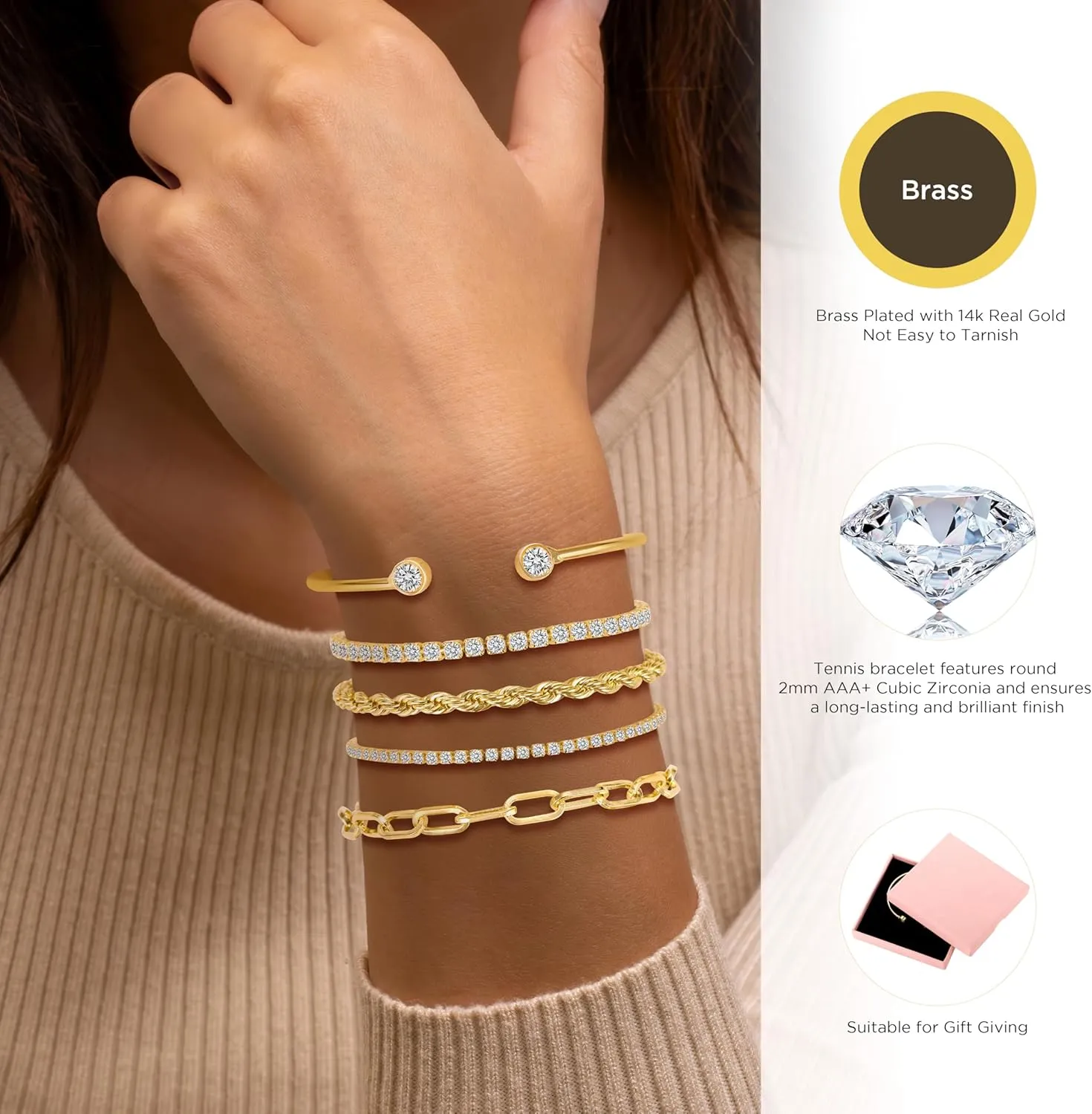 Gold Bracelets for Women, Dainty 14K Gold Plated Bracelet Stack Tennis Thin Bracelets, Trendy Stackable Bracelets, Golden Jewelry Set Link Bracelet Pack, Fashion Jewelry Pack for Women