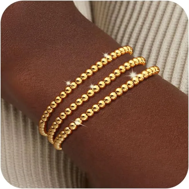 Gold Bracelets for Women Layered Elastic Stretch 2/3/4/5/6MM Beaded Bracelets Dainty 14K Gold Plated Stack Bracelet Set Non Tarnish Dainty Pearl Adjustable Trendy Gift Gold Jewelry for Women