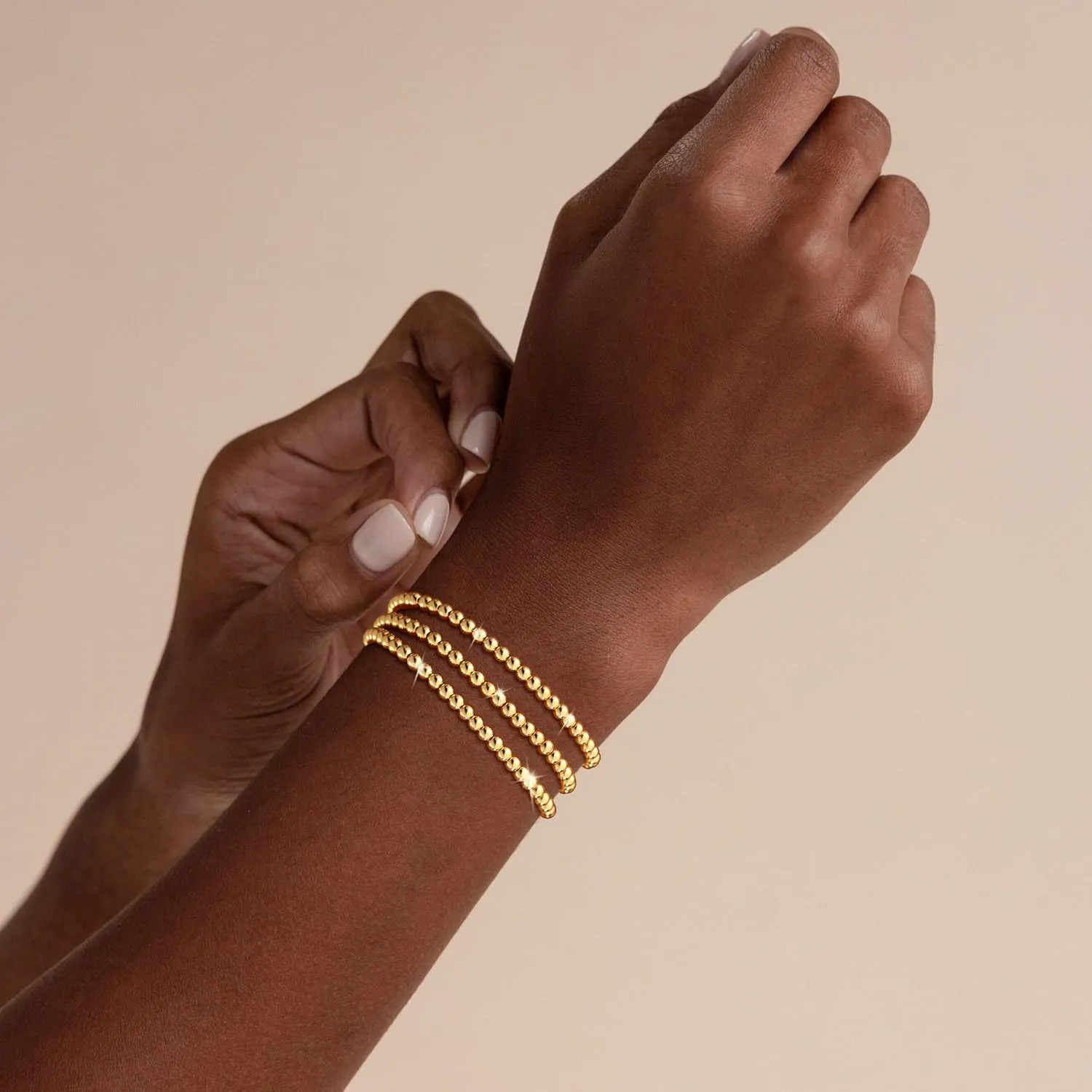 Gold Bracelets for Women Layered Elastic Stretch 2/3/4/5/6MM Beaded Bracelets Dainty 14K Gold Plated Stack Bracelet Set Non Tarnish Dainty Pearl Adjustable Trendy Gift Gold Jewelry for Women