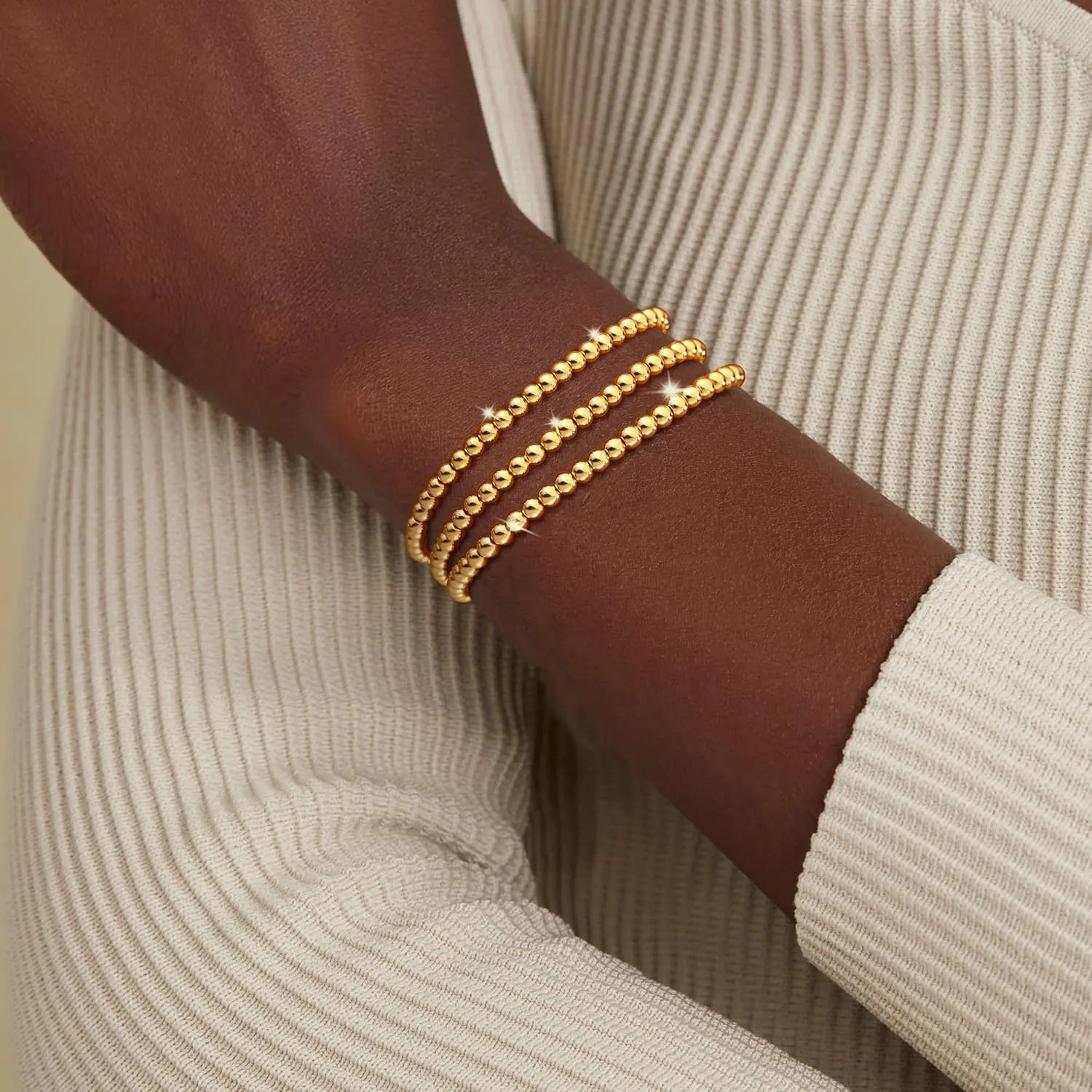 Gold Bracelets for Women Layered Elastic Stretch 2/3/4/5/6MM Beaded Bracelets Dainty 14K Gold Plated Stack Bracelet Set Non Tarnish Dainty Pearl Adjustable Trendy Gift Gold Jewelry for Women