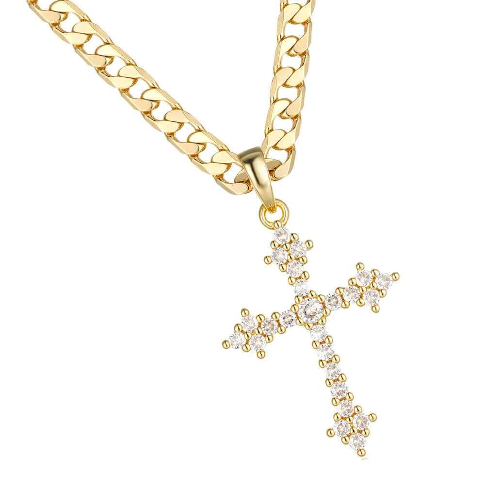 Gold Crystal Cross Pendant 22 Inch 6mm Cuban Chain