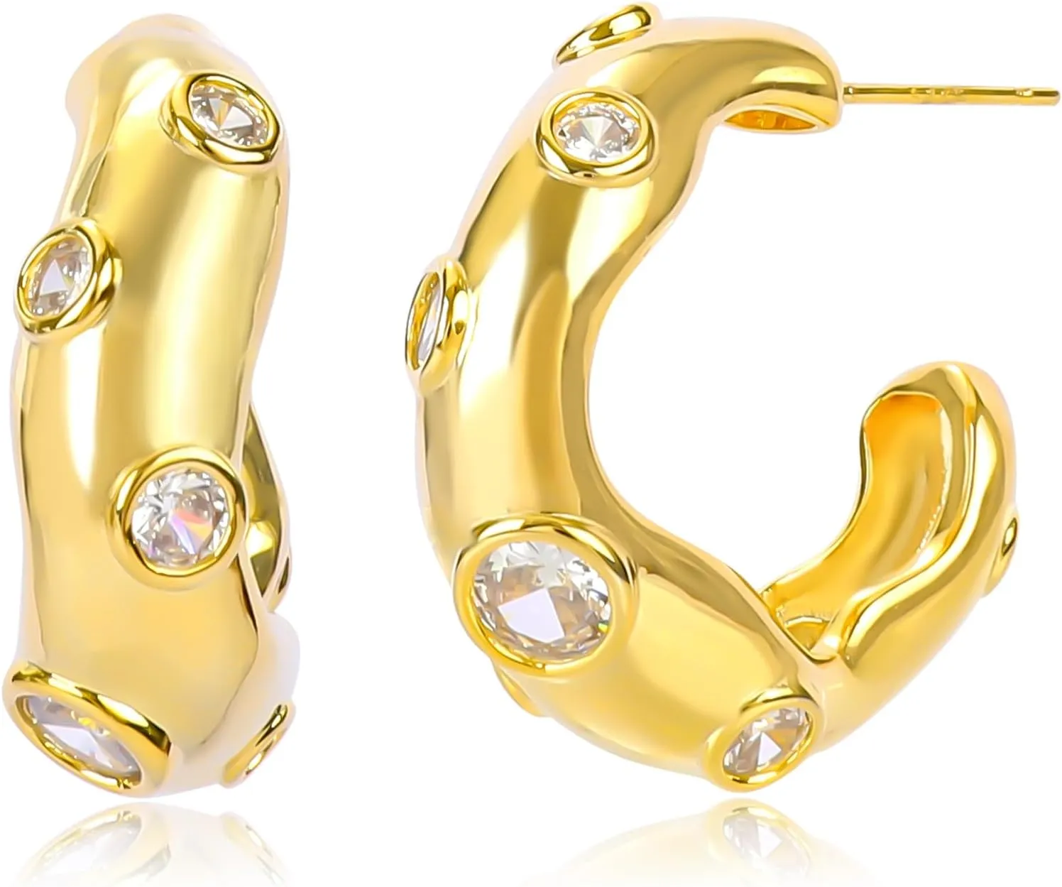 Gold Hoop Earrings for Women 14K Gold Plated Irregular Cubic Zirconia Chunky Hoop Earrings Sparkly Round CZ Simple C Shaped Open Hoop Statement Earrings Trendy Post Earrings Jewelry Gift for Women