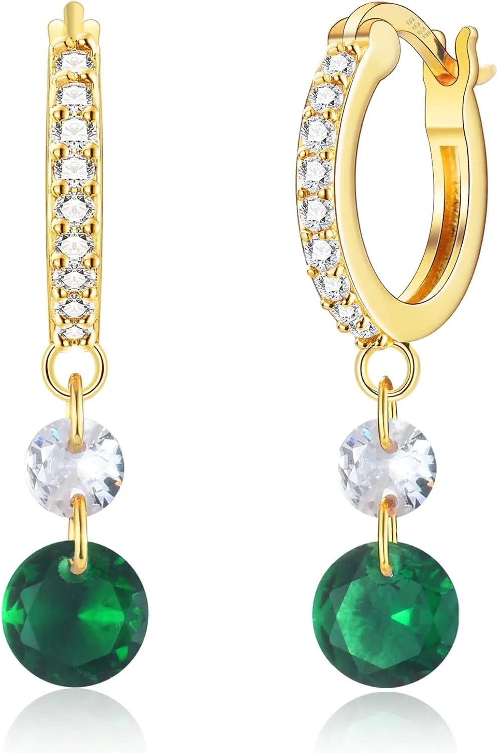 Gold Huggie Hoop Earrings for Women, Sterling Silver Post 14K Gold Plated Green Cubic Zirconia Dangle Drop Hoop Earrings Hypoallergenic Jewelry Gifts