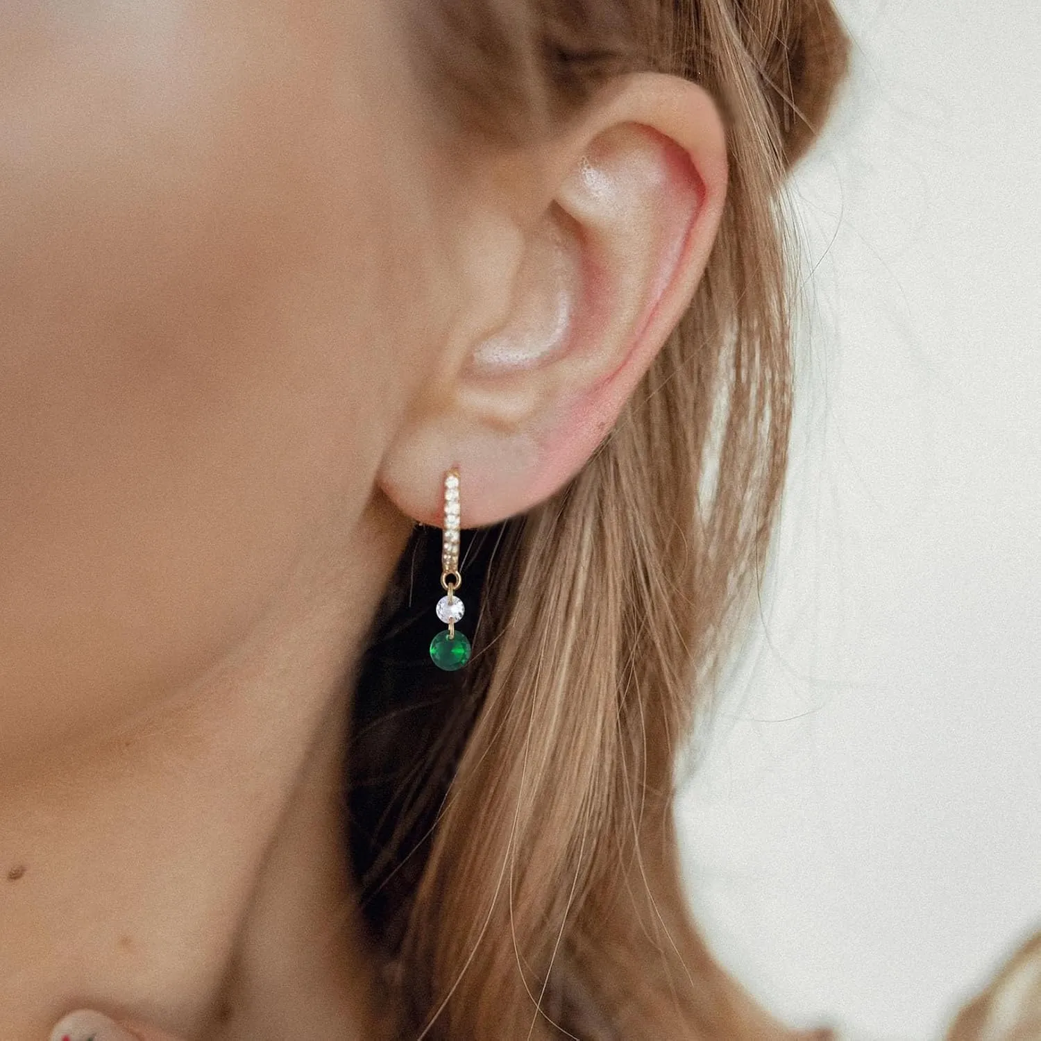 Gold Huggie Hoop Earrings for Women, Sterling Silver Post 14K Gold Plated Green Cubic Zirconia Dangle Drop Hoop Earrings Hypoallergenic Jewelry Gifts