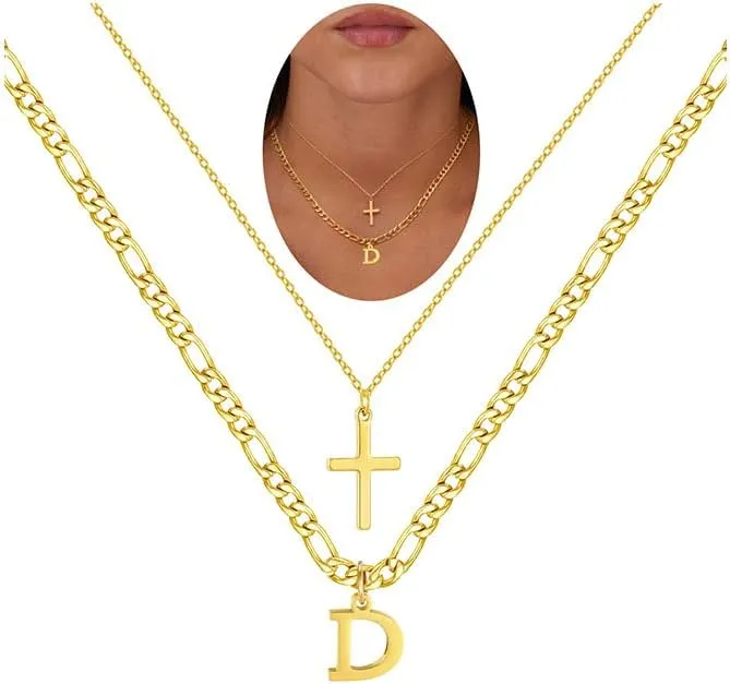 Gold Layered Initial Cross Necklaces For Women,14K Gold Plated Letter Necklace ,Gold Cross Pendant Choker Necklace,Trendy Cute Personalized Monogram Name Necklace ,Gold Jewelry Necklace for Women Gift