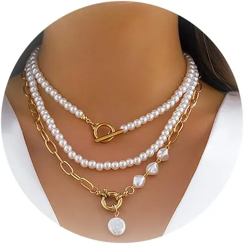 Gold Layered Necklaces for Women Dainty Pearl Pendant Necklace for Women Multilayer Baroque Pearl Necklace Boho Link Chain Necklace Jewelry Gifts