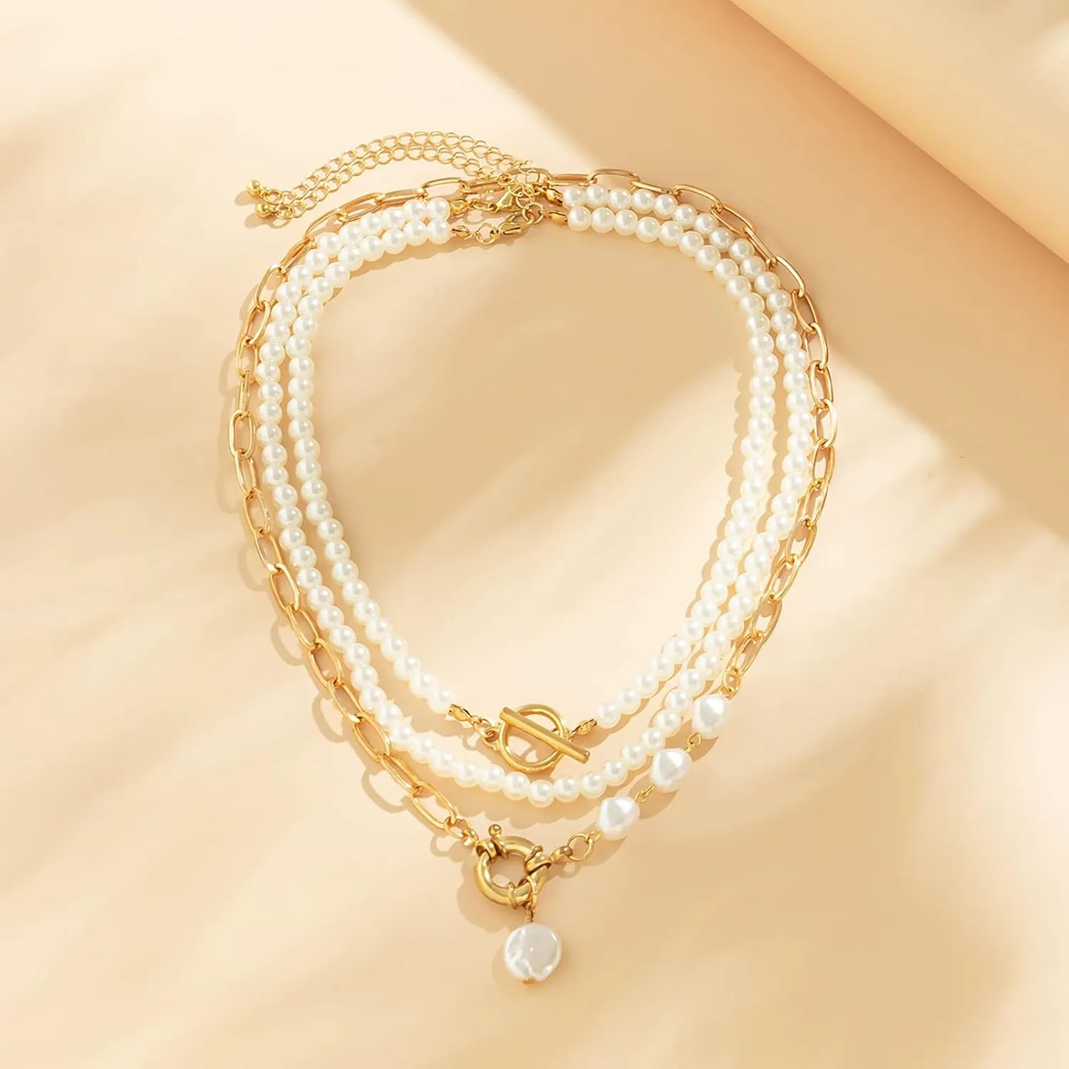 Gold Layered Necklaces for Women Dainty Pearl Pendant Necklace for Women Multilayer Baroque Pearl Necklace Boho Link Chain Necklace Jewelry Gifts