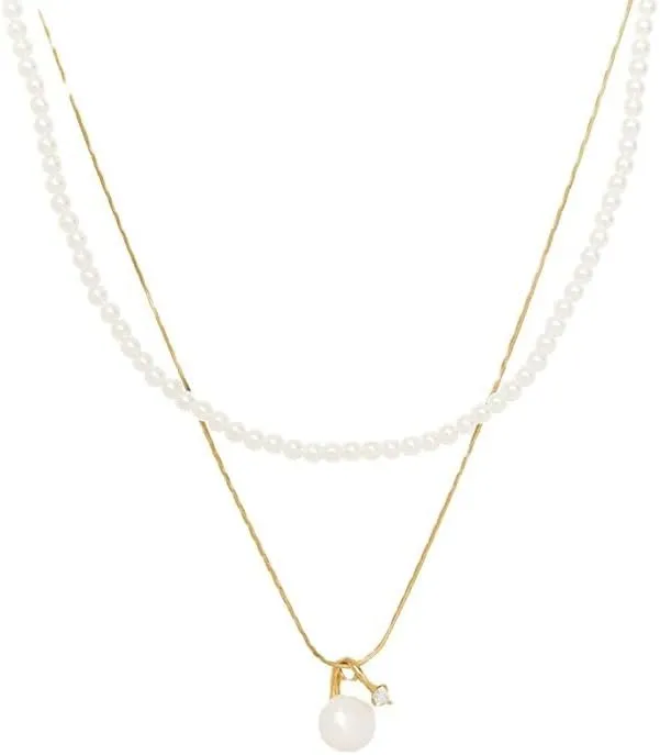 Gold Pearl Necklace for Women 14K Gold Choker Plated Layered Pearl Necklaces for Women Trendy Simple Herringbone Chain Pearl Pendant Necklace