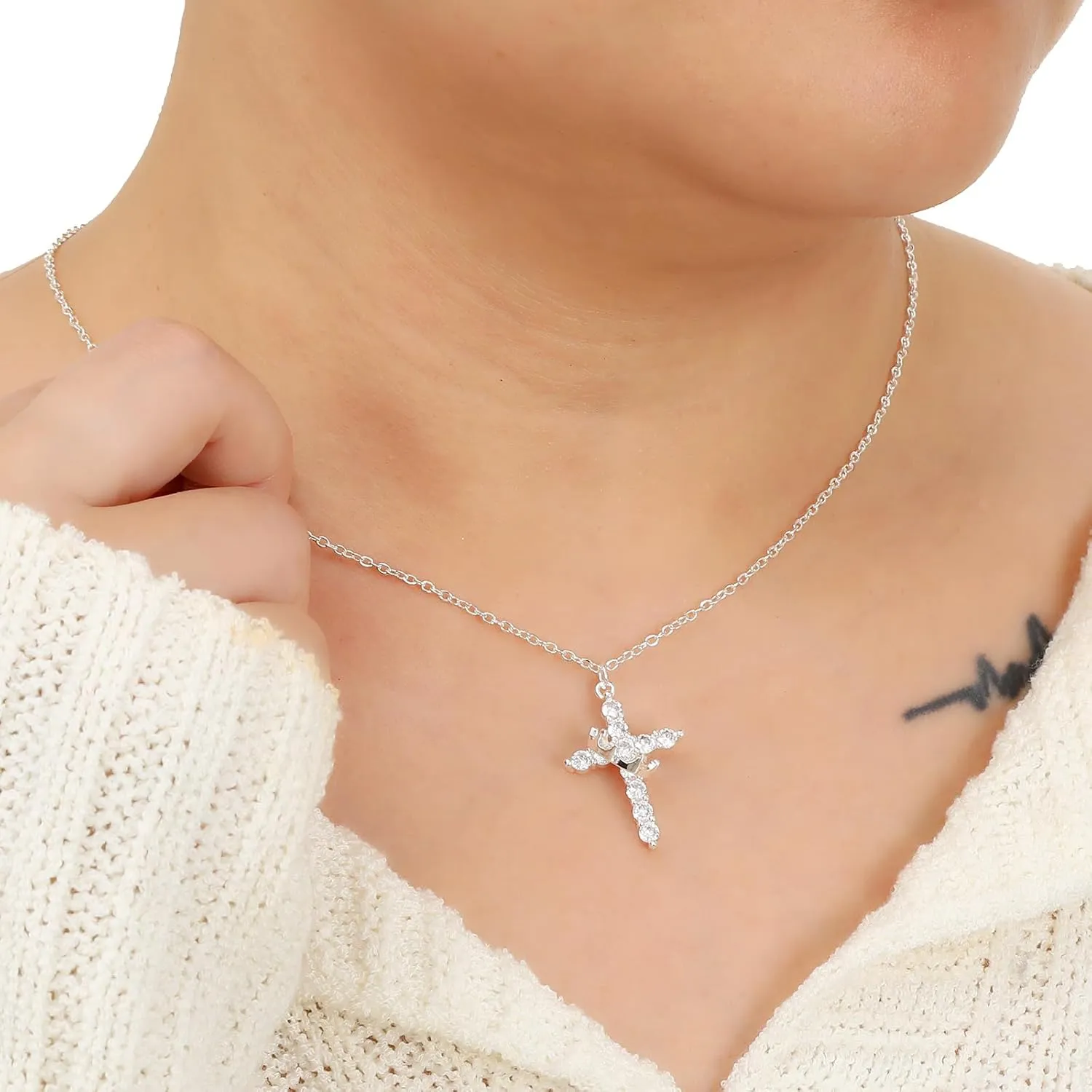 Gold/Silver/Rosegold Plated Cubic Zirconia Cross Necklace for Women,Cross Charm Necklace Waterproof Jewelry for Women