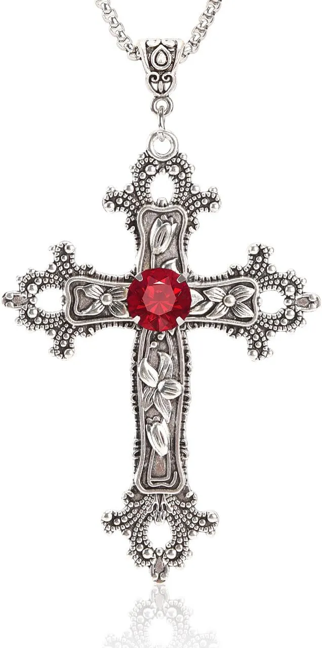 Gothic Cross Necklace Silver-Tone Pendant with Glass Stone, on 25?? Steel Chain, Cross Necklace for Women, Large Goth Silver Cross Necklaces for Man, Big y2k Necklaces, Halloween Jewelry