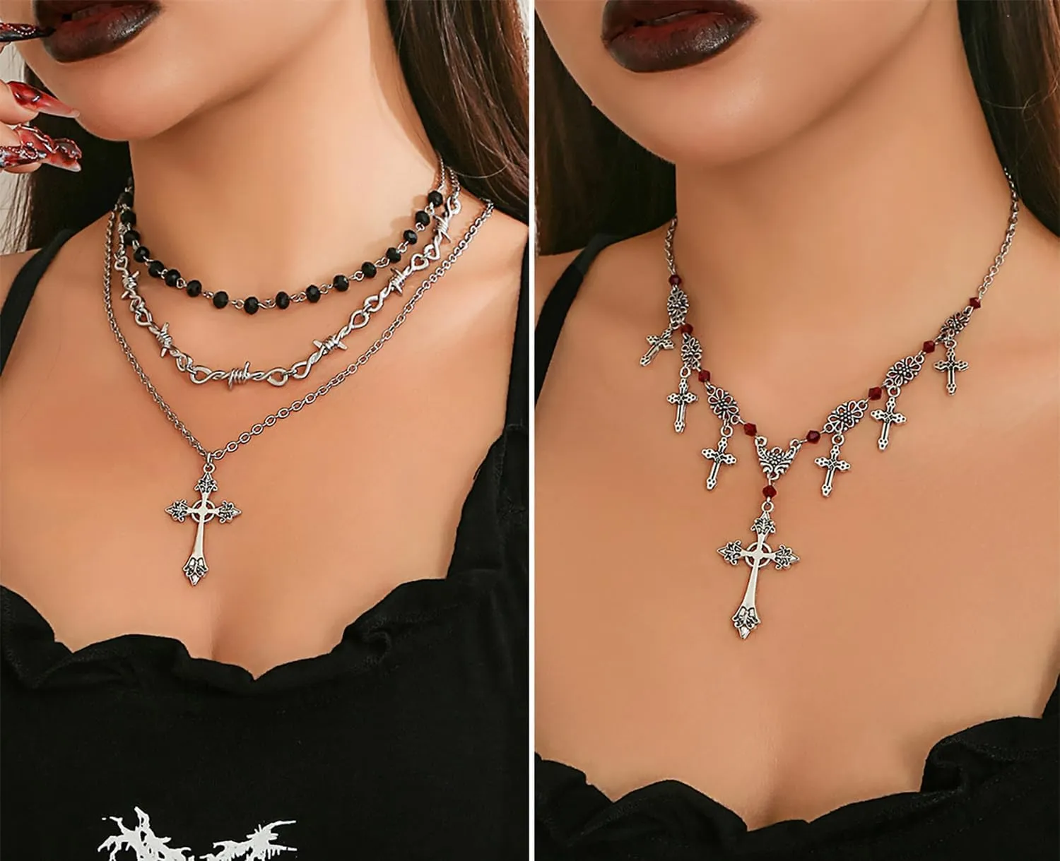 Gothic Witch Cross Necklace for Women Vintage Layered Cross Pendant Necklace Black Witch Bead Zircon Necklaces Halloween Witchs Costume Accessories