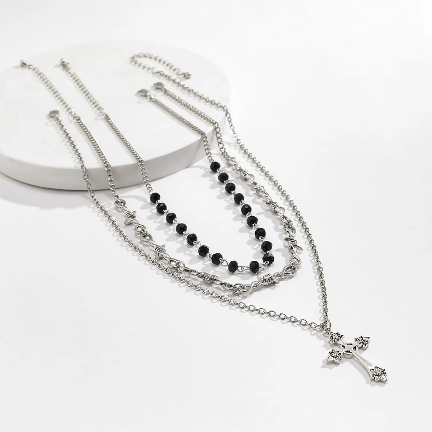 Gothic Witch Cross Necklace for Women Vintage Layered Cross Pendant Necklace Black Witch Bead Zircon Necklaces Halloween Witchs Costume Accessories