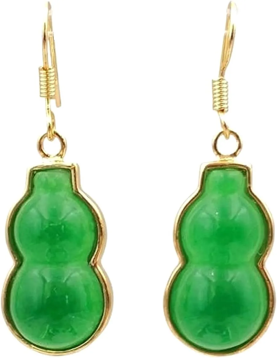 Green Gourd Jade Earrings for Women Dangle, Gold-Plated Handmade Dainty Drop Earrings 