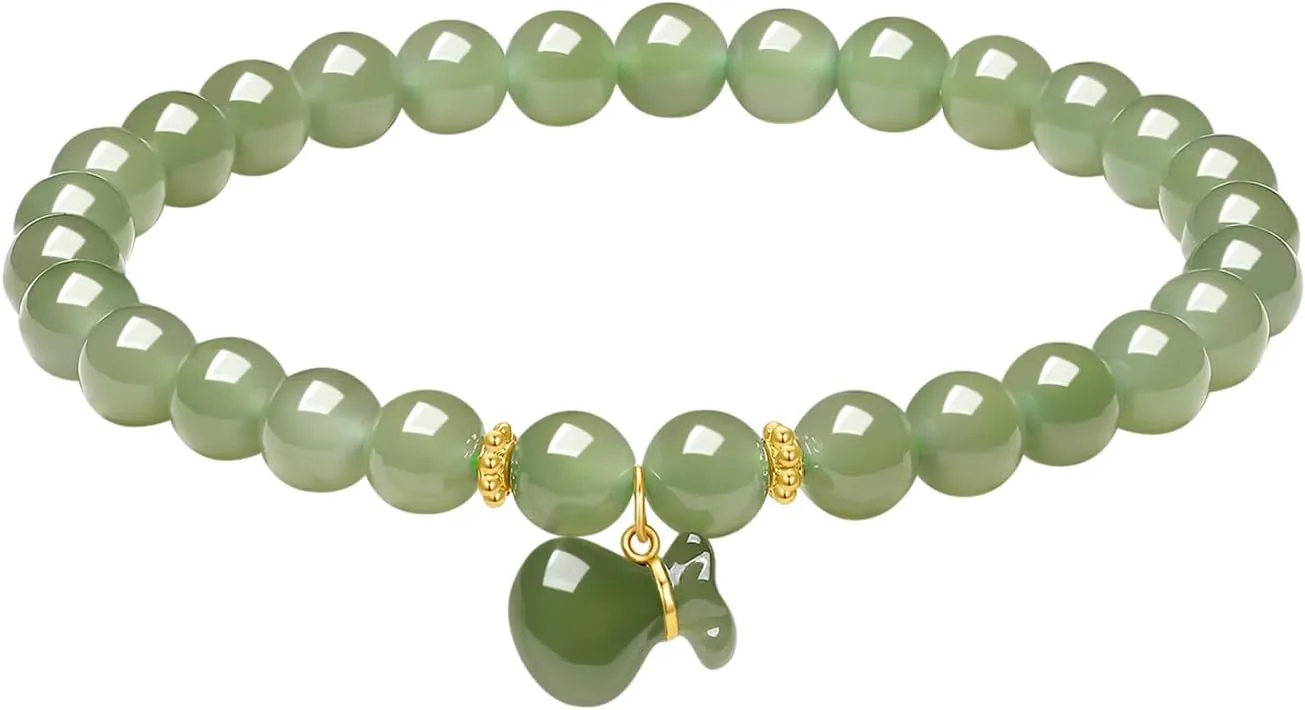 Green Jade Beaded Bracelets Fortune Bag Natural Gemstone Healing Stretch Bracelet 24K Real Gold Jewelry for Women Mom Daughter Wife Birthday Anniversary 6.7"/17CM Y1914779