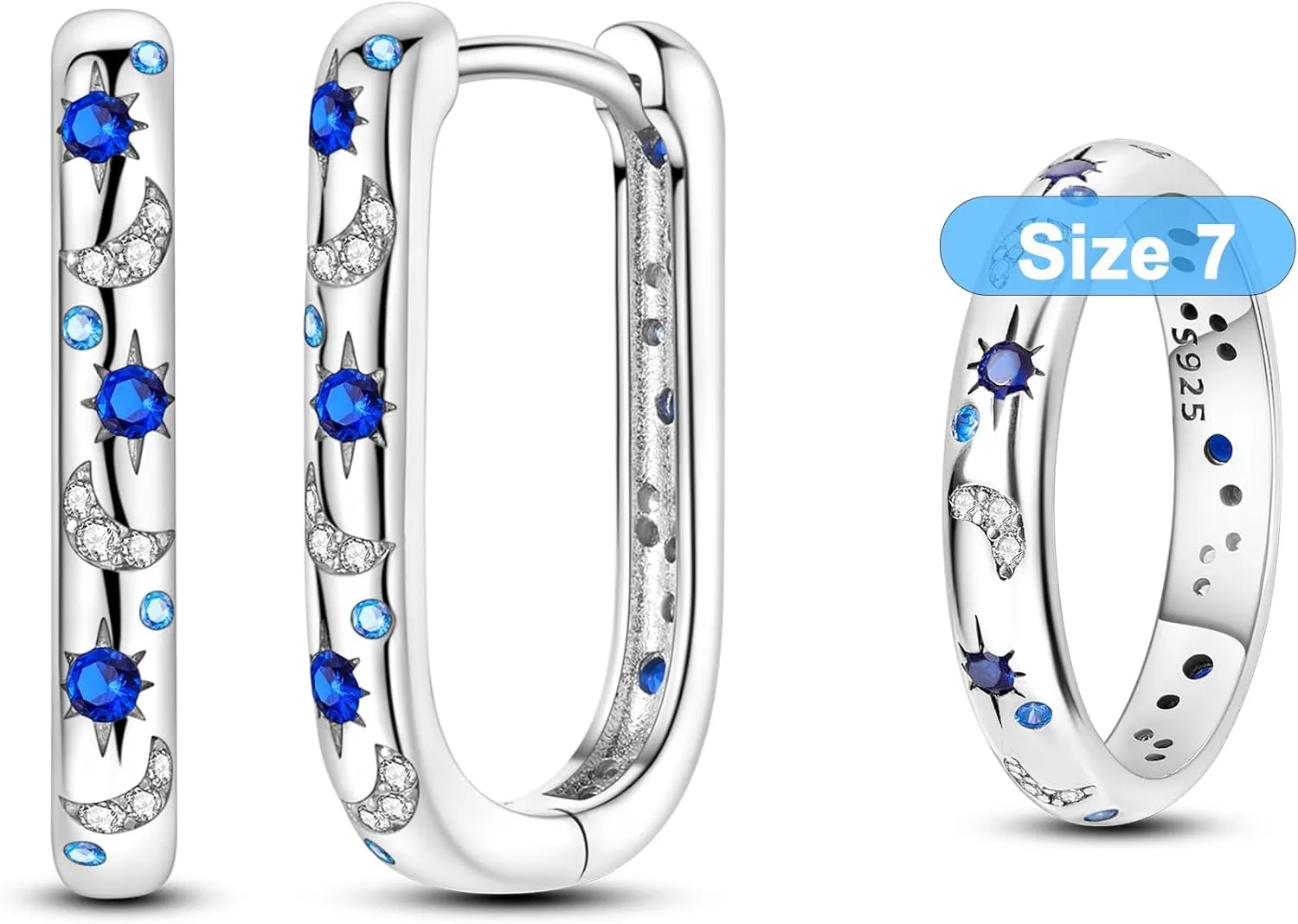 Hapour Celestial Jewelry Set, Moon Star Hoop Earrings & Ring Size 7 for Women & Teen