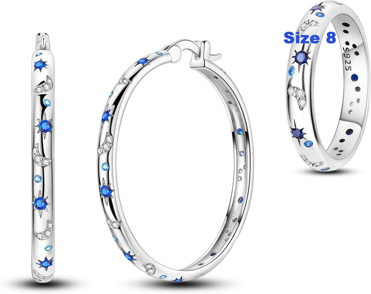 Hapour Celestial Jewelry Set, Moon Star Hoop Earrings & Ring Size 8 for Women & Teen