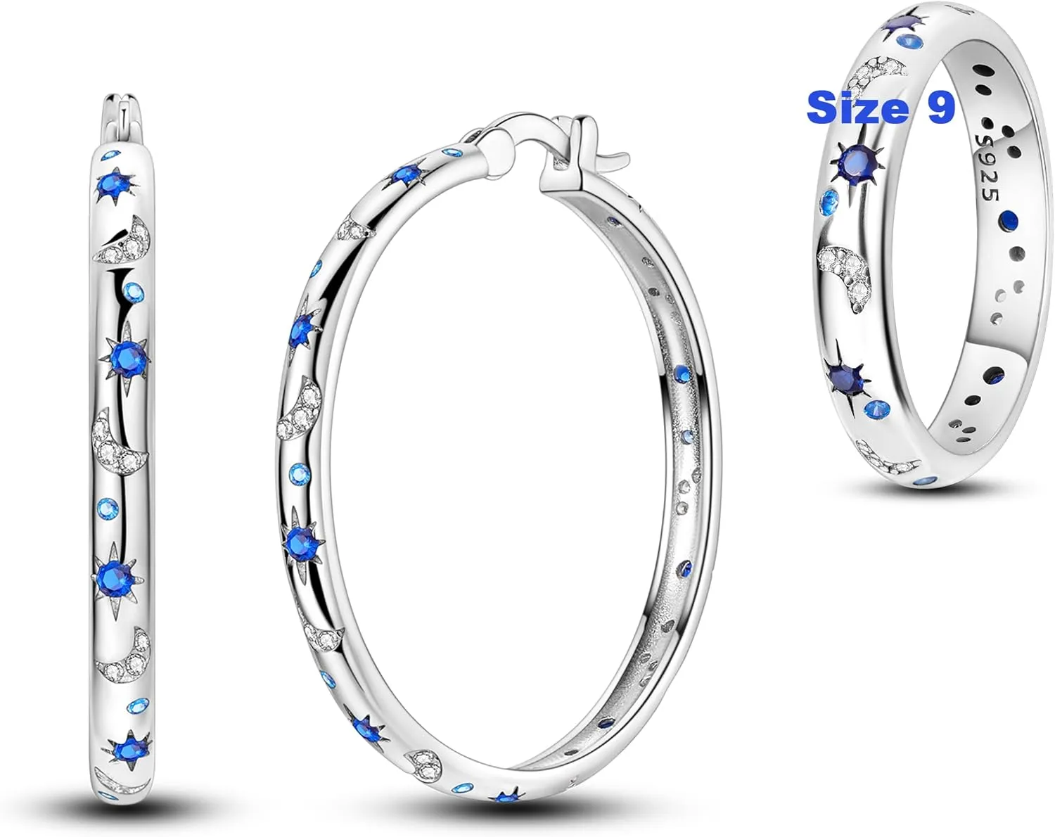 Hapour Celestial Jewelry Set, Moon Star Hoop Earrings & Ring Size 9 for Women & Teen