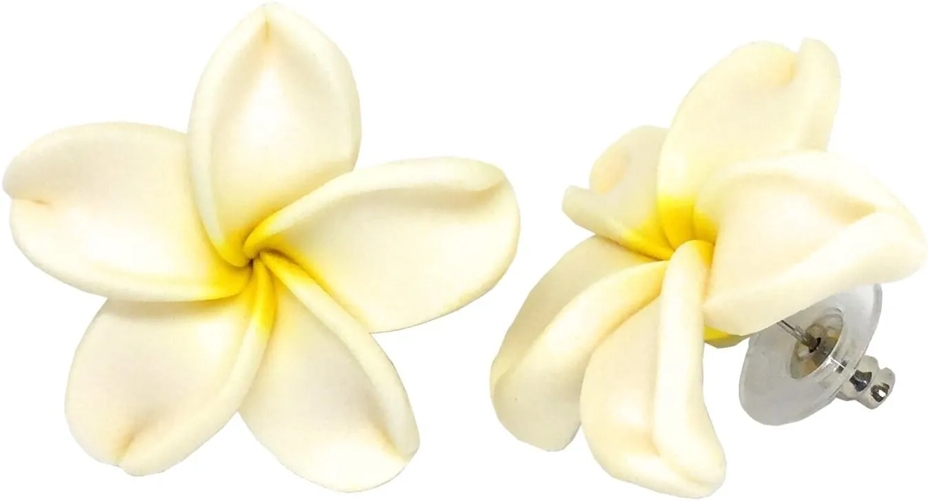 Hawaiian Jewelry Polymer Clay White Plumeria Flower Stud Earrings