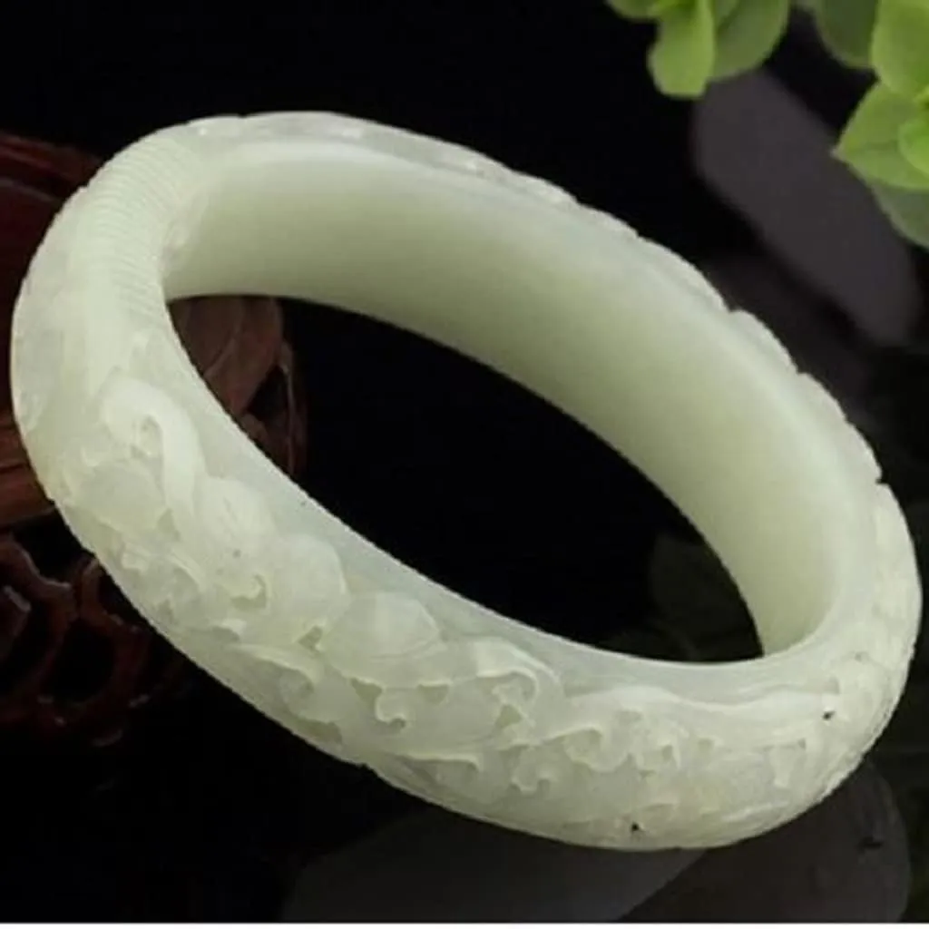 Hetian Black White Jade Bangles Handcarved Flower Jade Bracelet Bangles for Women Jade Bracelet Jade Jewelry /1837 (Color : A, Size : 59-60 mm)