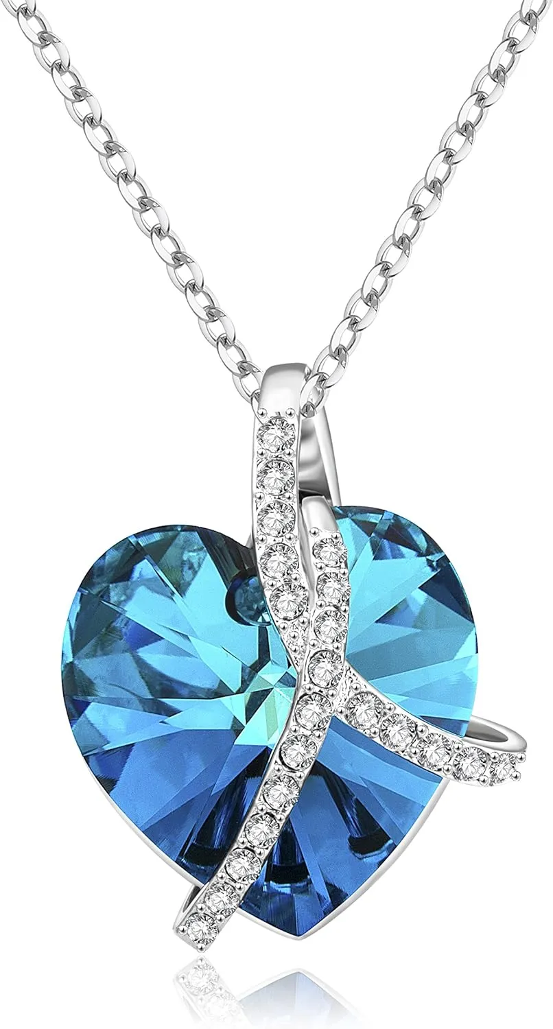 Hoobeads Blue Ocean Heart Pendants Necklace with Austrian Crystal 925 Sterling Silver Women Jewelry for Christmas (C)