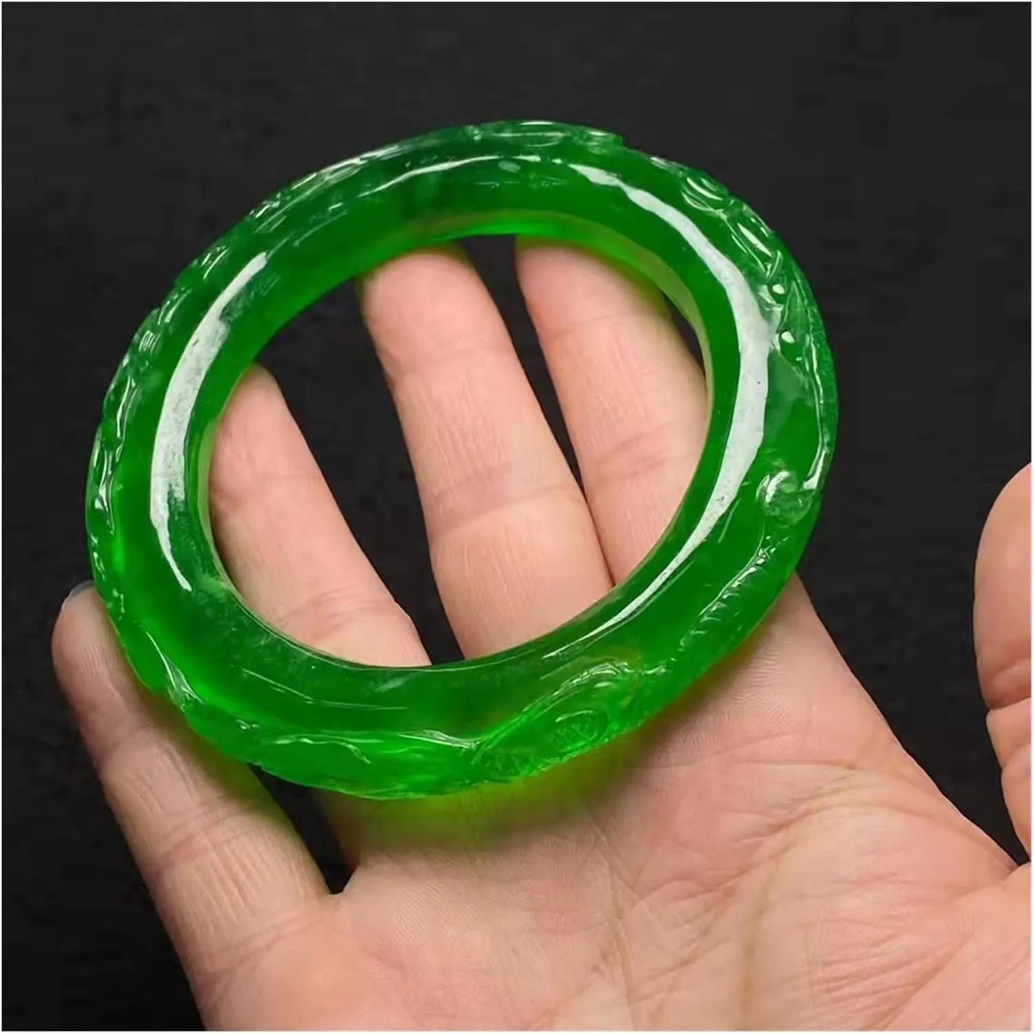 Ice Transparent Green Jade Bangle Hand Carved Flowers Jade Bangle Gives Women Gifts Jewelry /1841 (Color : A, Size : 61-62mm)