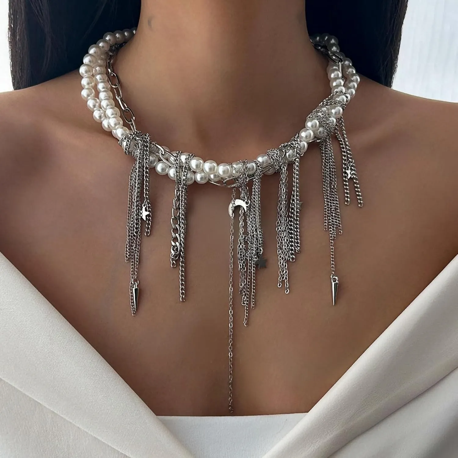 Imitation Pearl Necklaces for Women Multilayer Pearls Necklace Stack Star Love Heart Tassel Link Pendant Choker Necklace Summer Beach Fashion Jewelry Accessories for Women Wedding Party