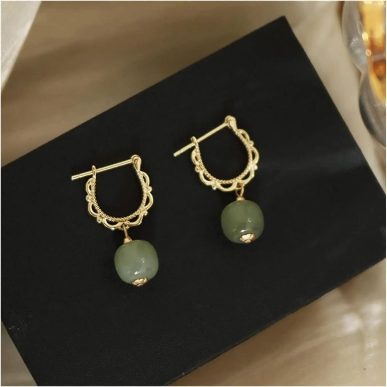 Jade Earrings for Women Green Hetian Jade Dangle Earrings Gold Gemstone drop earringd for Women Jewelry Gift on Mothers Day,wedding,Anniversary day.