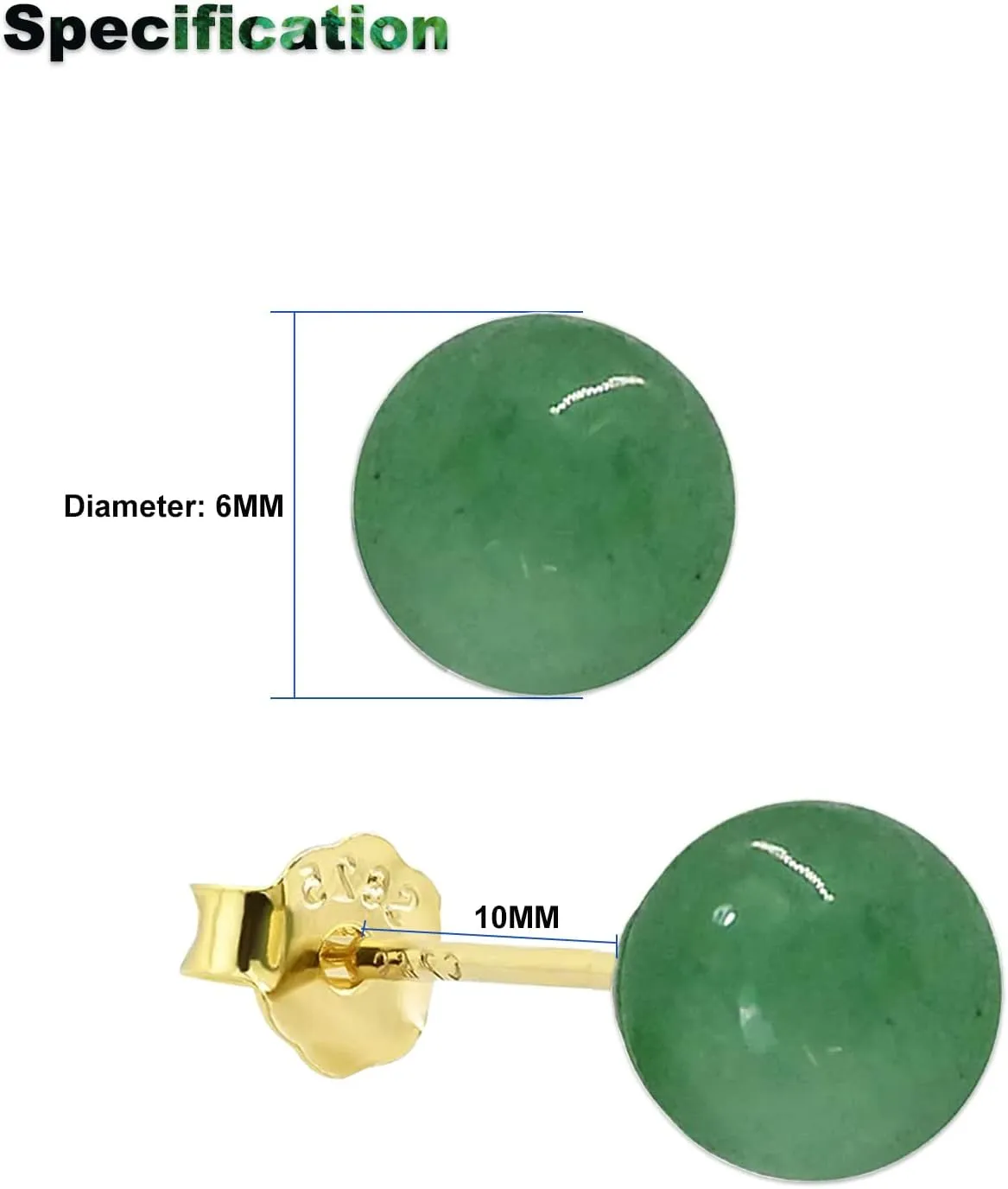 Jade Stud Earrings for Women or Men, 18K Gold Plated 925 Sterling Silver 4-8mm Green Jade Earrings, Good Luck Handmade Jade Earrings Gift for Graduation Birthday Anniversary