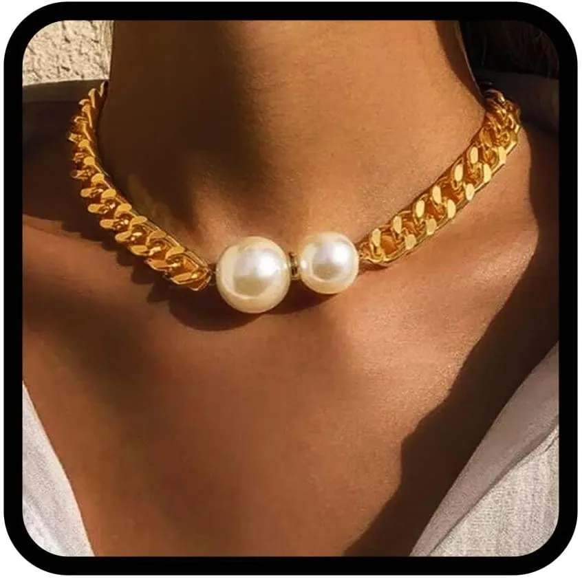 JEWEKY Pearl Choker Necklace Gold Chunky Cuban Link Collar Necklaces for Women