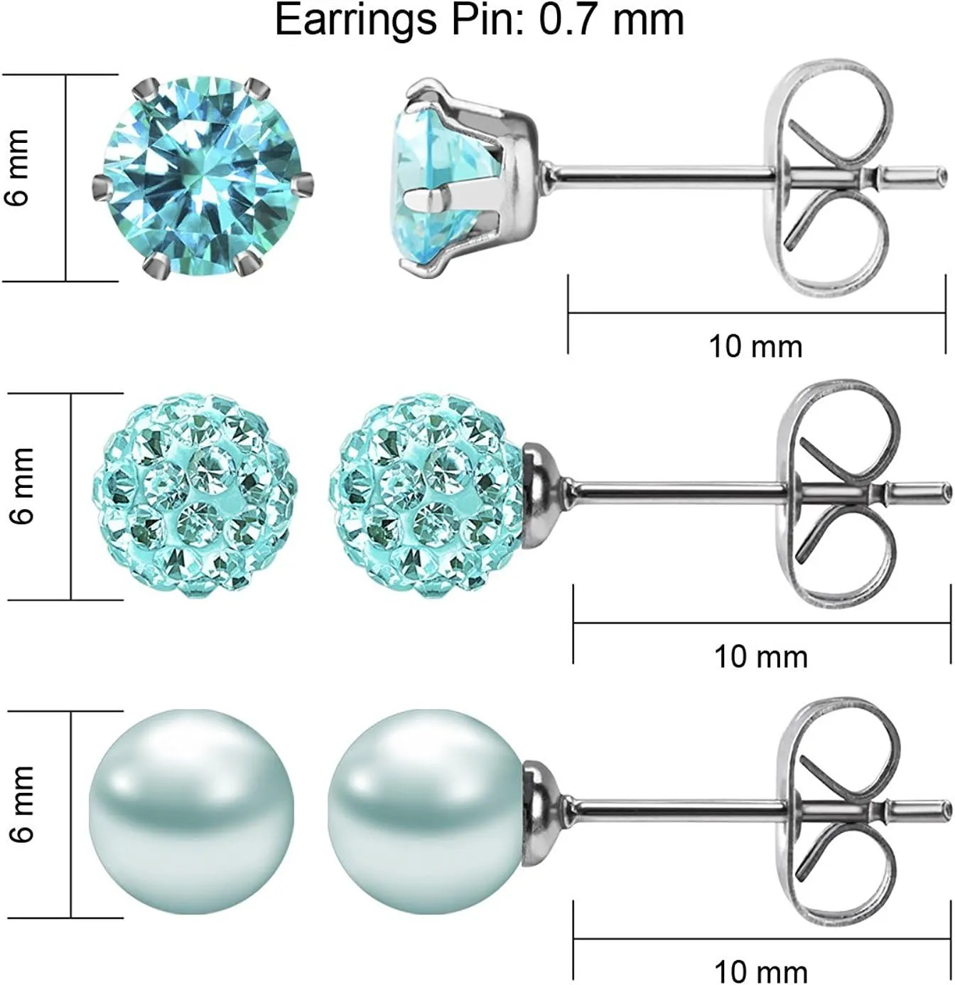 JEWELRIESHOP Birthstone Studs Earring Set Cubic Zirconia Rhinestones Crystal Ball Faux Pearl Stainless Steel Stud Earrings for Women Girl Jewelry Gift (6mm Round,3 Pairs)