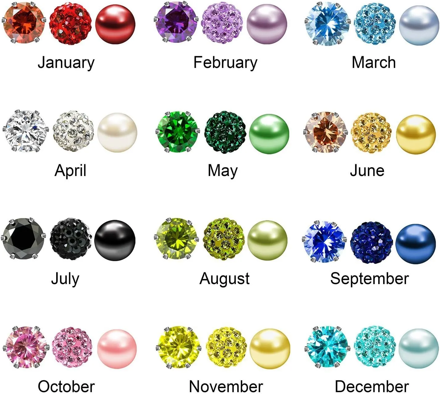 JEWELRIESHOP Birthstone Studs Earring Set Cubic Zirconia Rhinestones Crystal Ball Faux Pearl Stainless Steel Stud Earrings for Women Girl Jewelry Gift (6mm Round,3 Pairs)
