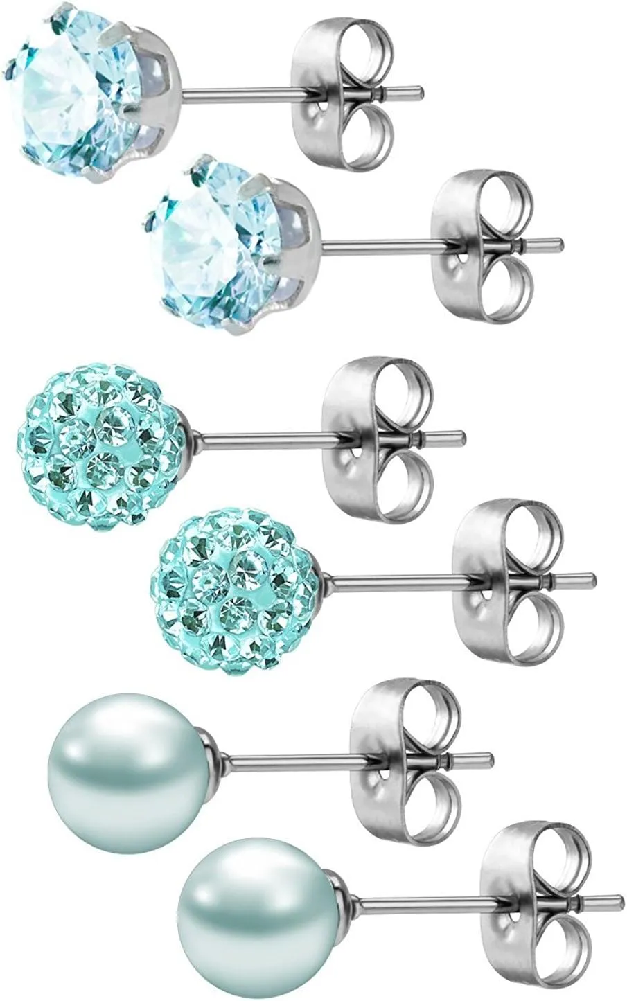 JEWELRIESHOP Birthstone Studs Earring Set Cubic Zirconia Rhinestones Crystal Ball Faux Pearl Stainless Steel Stud Earrings for Women Girl Jewelry Gift (6mm Round,3 Pairs)