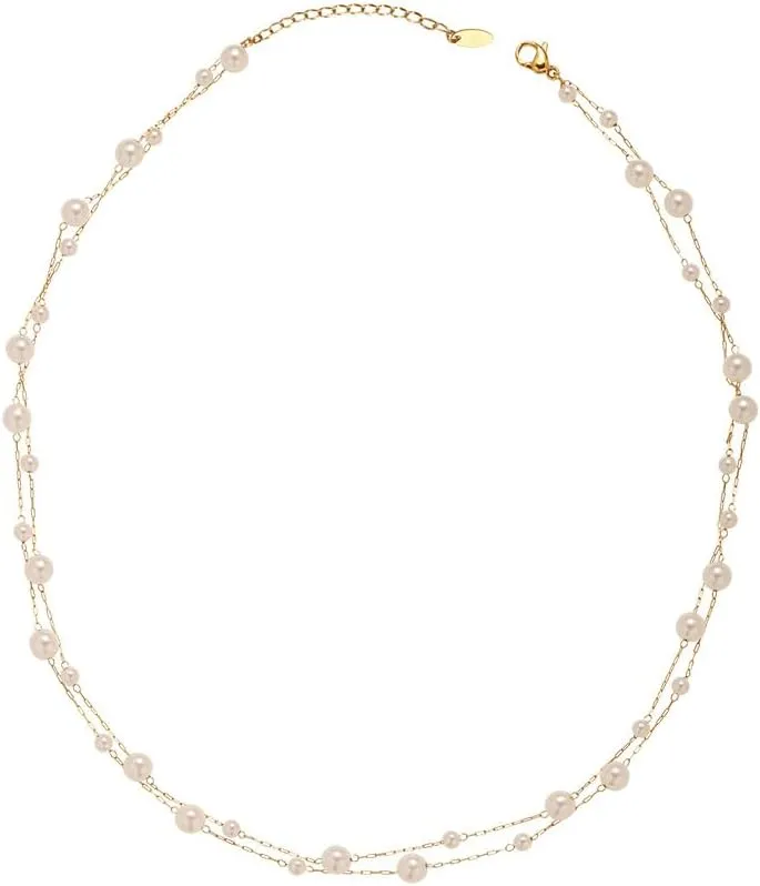 JXGXB Pearl Strands Necklaces for Women, Gold Plated Layered Pearl Necklace Choker Necklace, Tiny Small Faux Pearl Necklaces Women Wedding Jewelry