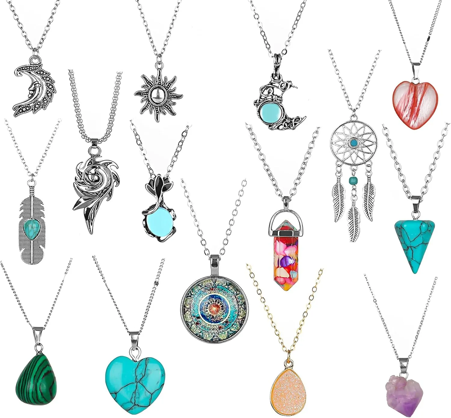 K&Q 15pcs Chakra Healing Necklace Set for Women - Natural Crystal Sun Moon Pendant & Carnelian Beaded Bohemian Jewelry Vintage Aesthetic Sunflower, Yoga Spiritual Necklaces Gift (Boho Retro Style)