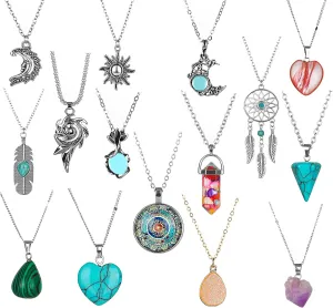 K&Q 15pcs Chakra Healing Necklace Set for Women - Natural Crystal Sun Moon Pendant & Carnelian Beaded Bohemian Jewelry Vintage Aesthetic Sunflower, Yoga Spiritual Necklaces Gift (Boho Retro Style)