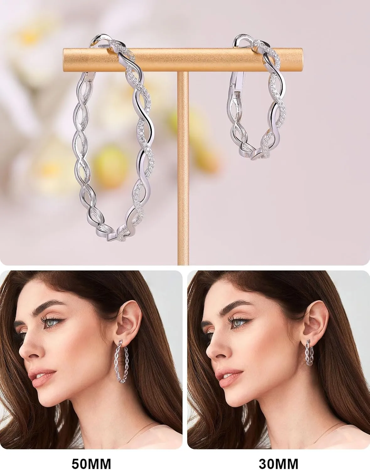 Ladylike Moissanite Hoop Earrings for Women 925 Sterling Silver with 18K Gold Plated Twisted Large Thick Round Huggie Loops Hypoallergenic and Lightweight Earrings 30-50MM